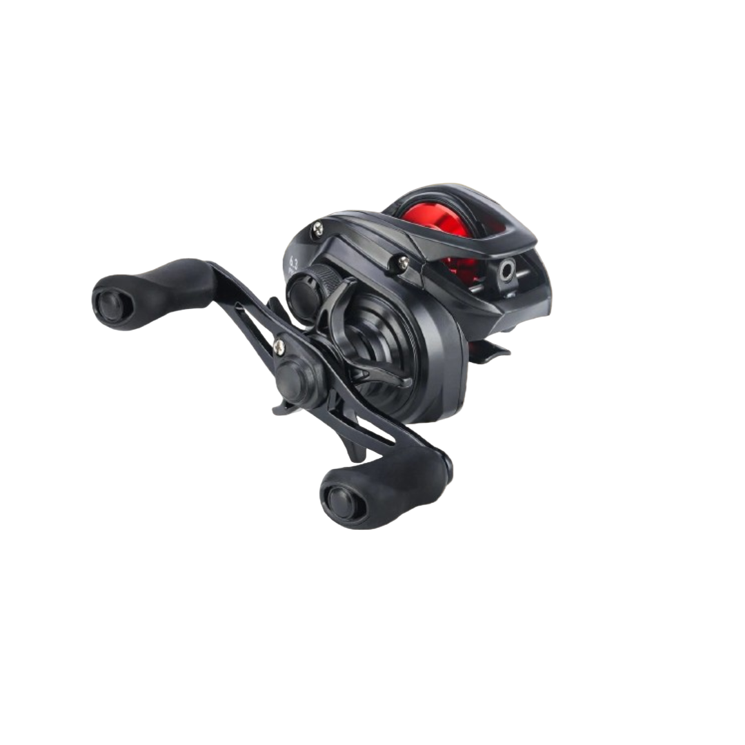 Daiwa PR1000H baitcasting fishing reel in black color with a visible carbon composite frame and a red handle.