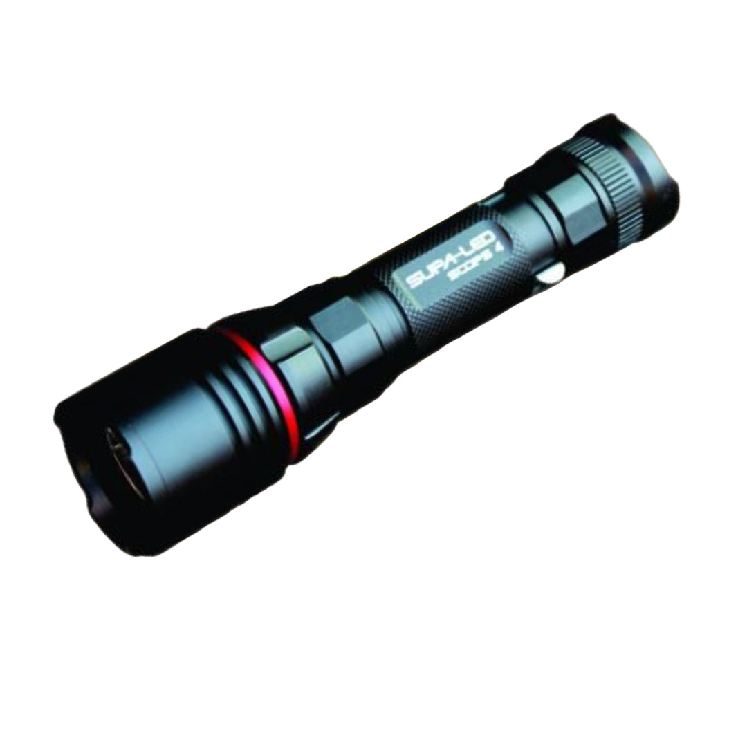 A black SUPA-LED scopes 4 flashlight with a red and silver bezel, and a holster beam distance of 350M.