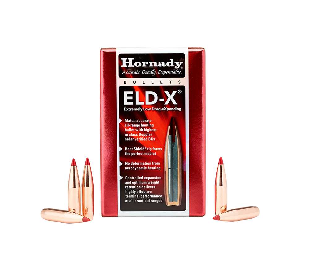 Hornady ELD-X bullets packaging with bullets on a white background