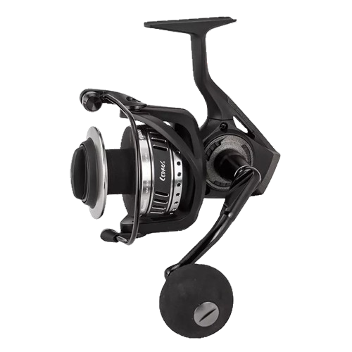 A black and silver Okuma CJ-6000 centerpin fishing reel.