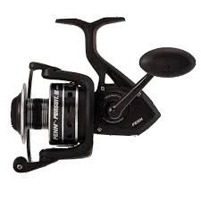 A black Penn Pursuit III4000 spinning fishing reel.