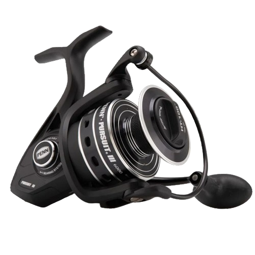 A black Penn Pursuit III 6000 spinning fishing reel with a large spool and a handle.