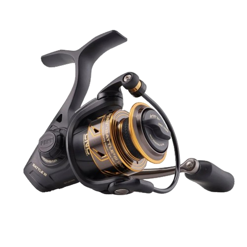A black and gold PENN Battle III fishing reel.