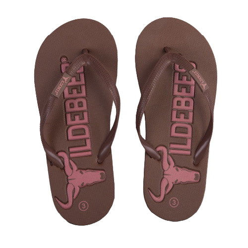 Brown flip-flops with 'Wildebees' branding on a white background