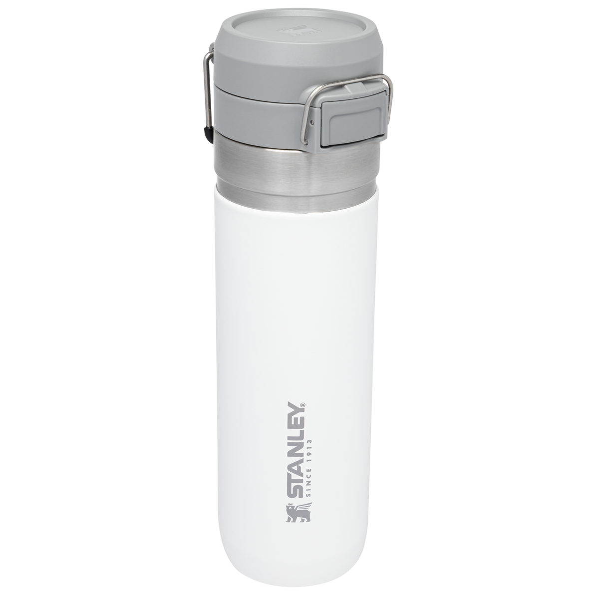Side view of a white Stanley Quick Flip Bottle with the clips visible at the top and the Stanley logo on the side