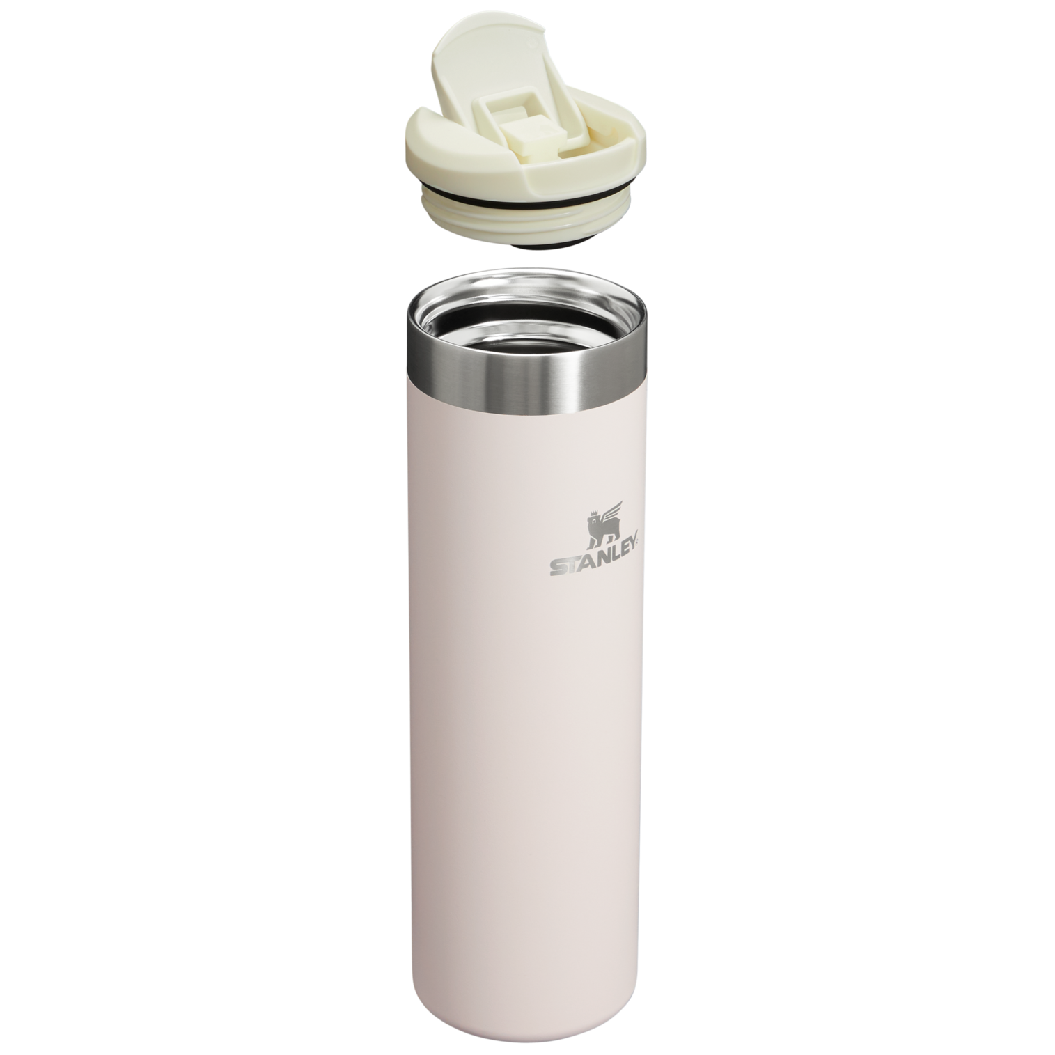 Cream Stanley Aerolight Transit Mug side view with the lid floating above the mug