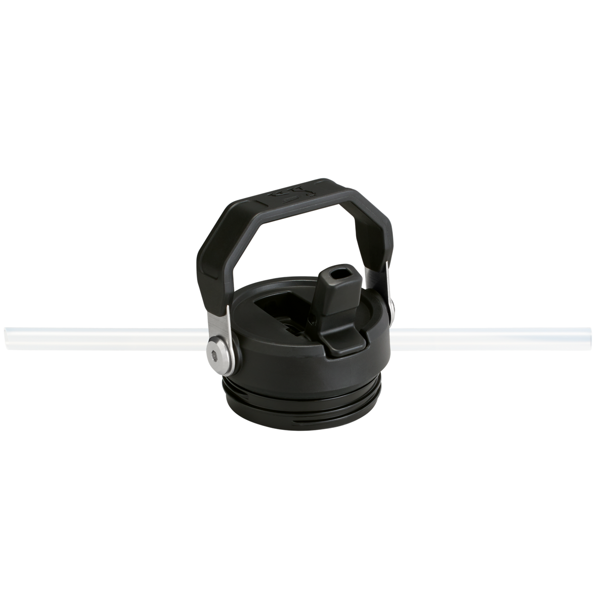 Black Stanley IceFlow™ Bottle Flip Straw 2.0 lid only with straw in drinking position and handle up in carry position