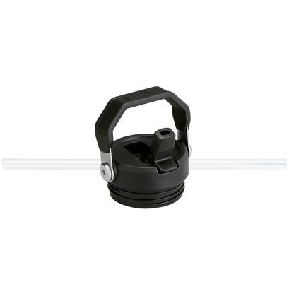 Black Stanley IceFlow™ Bottle Flip Straw 2.0 lid only with straw in drinking position and handle up in carry position