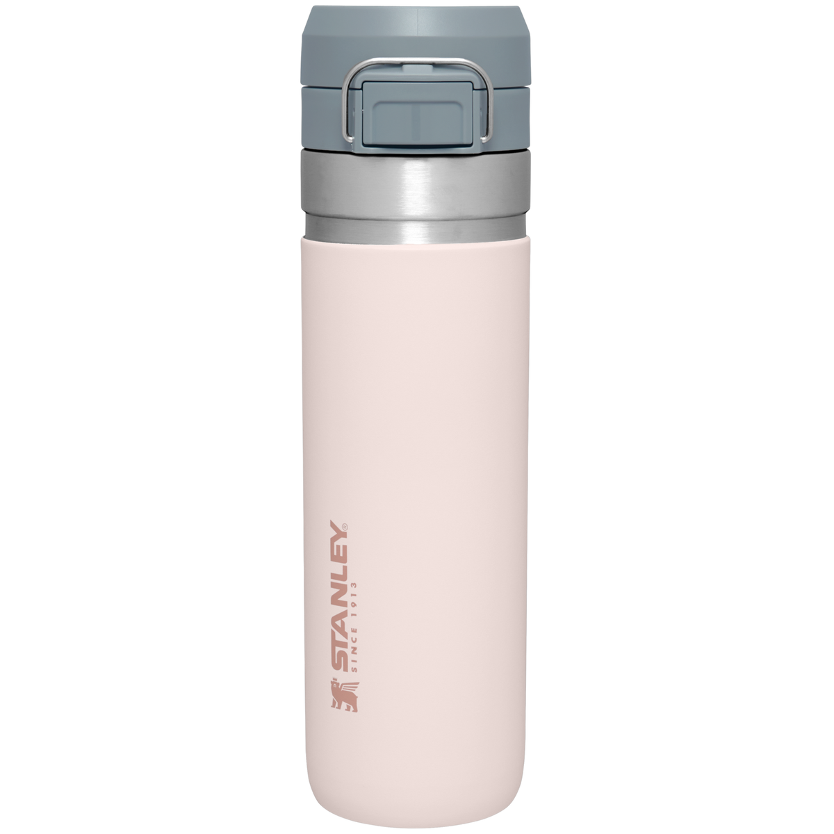 Side view of a pink Stanley Quick Flip Bottle with the clips visible at the top and the Stanley logo on the side
