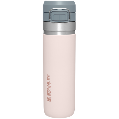 Side view of a pink Stanley Quick Flip Bottle with the clips visible at the top and the Stanley logo on the side