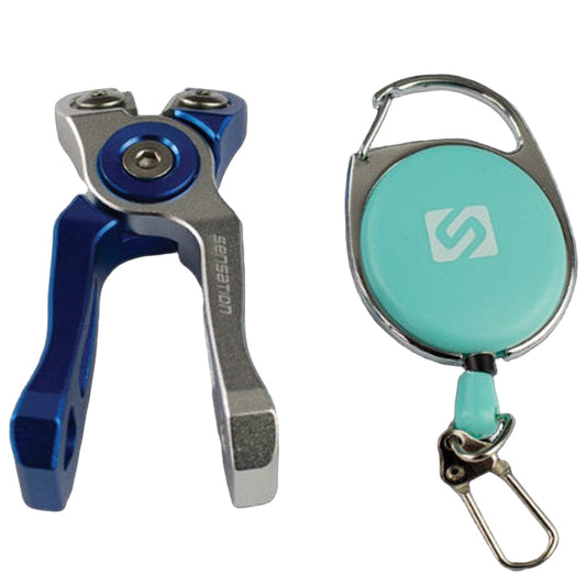 A SENSATION TORNADO LINE CUTTER and ZINGER featured with blue and silver colors, a retractable lanyard, and a spring-loaded system design.