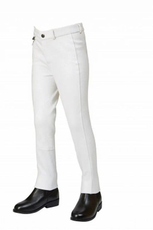 Kids' white ribbed nylon fabric riding breeches with adjustable waistband and cuffs, designed for horse riding.